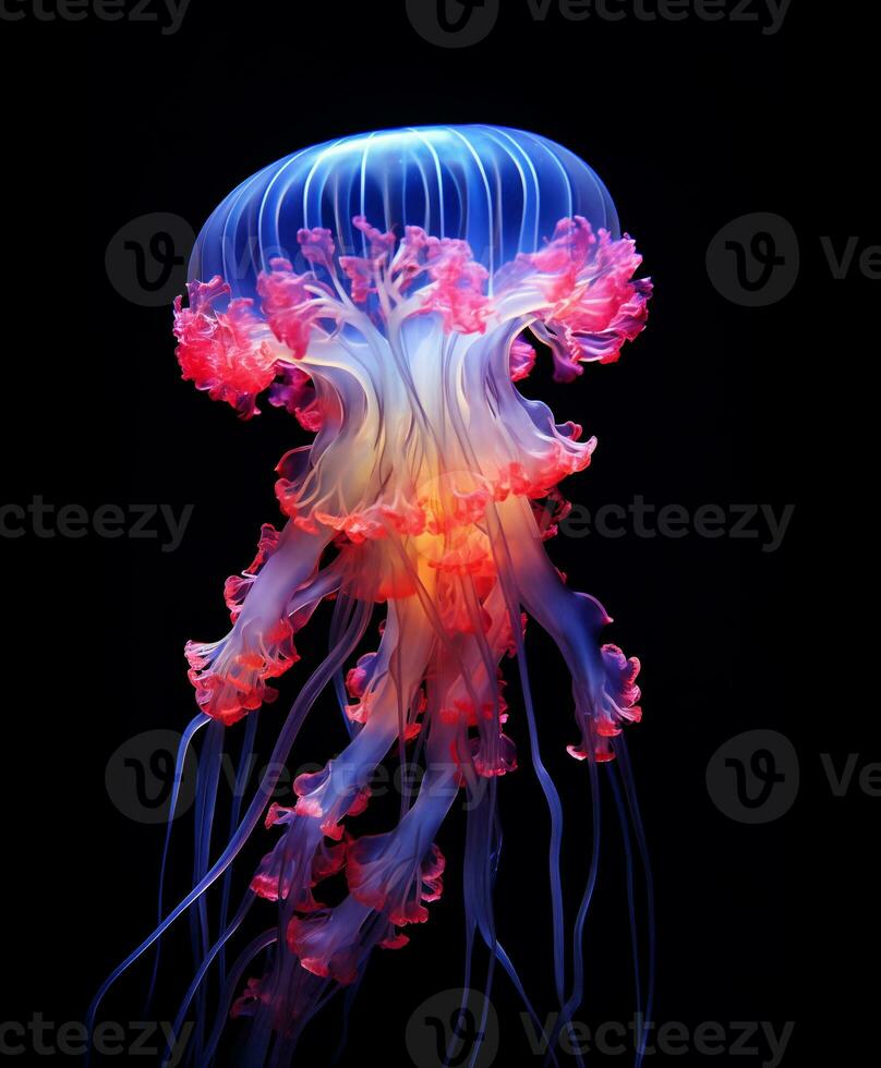 Glowing jellyfish swim deep in blue sea, neon jellyfish fantasy on black background photo