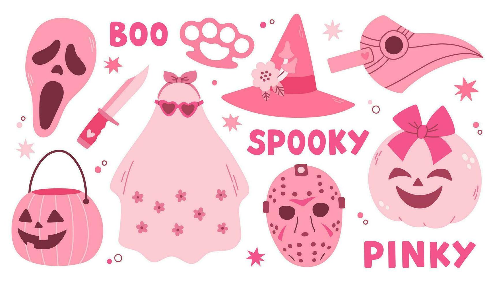 Pink Halloween vector set with ghost, skull, masks, pumpkin, stars. Pink print in flat style. Halloween lettering quote. Vector illustration