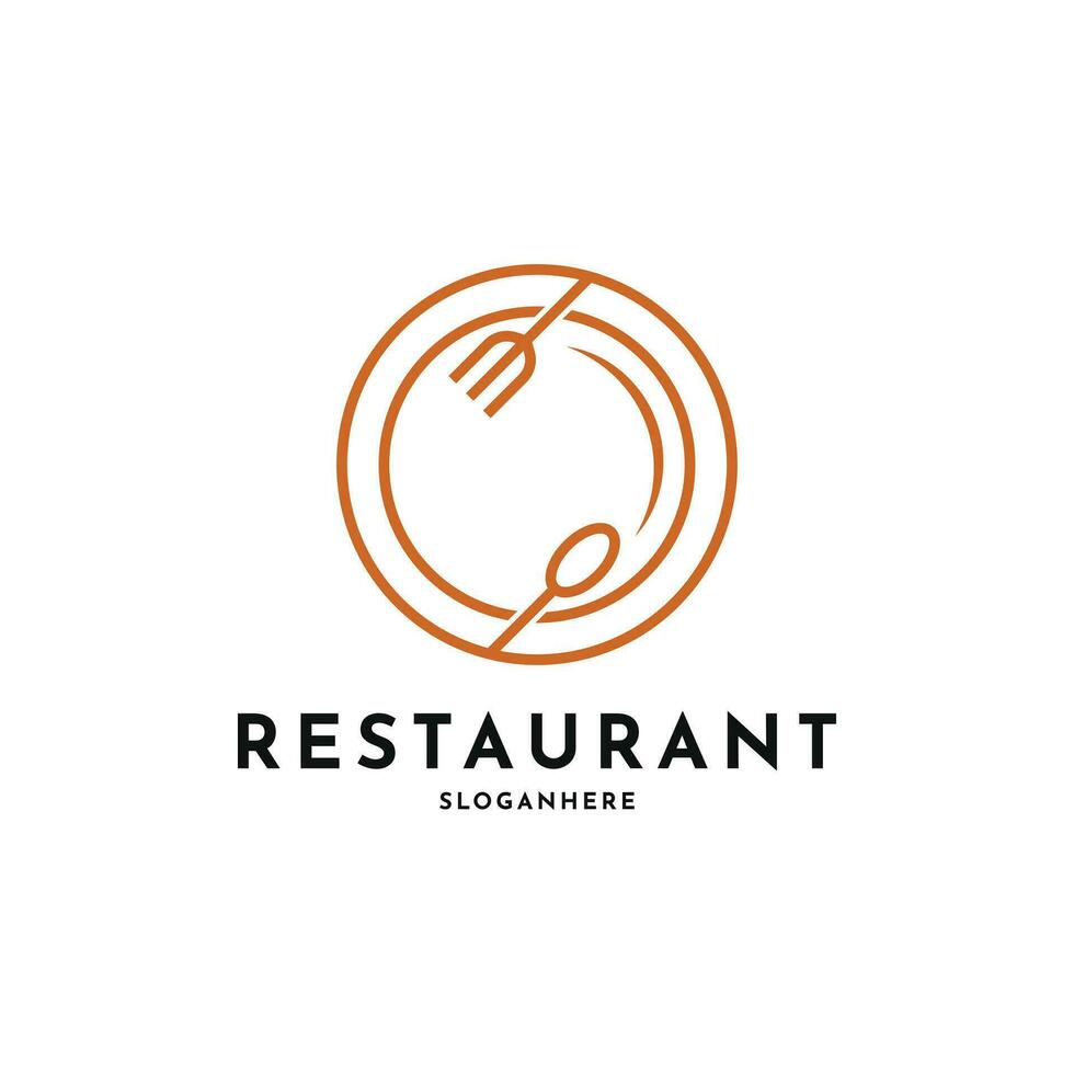 restaurante comida logo diseño concepto con, cuchara, tenedor y lámina, forma circulo vector