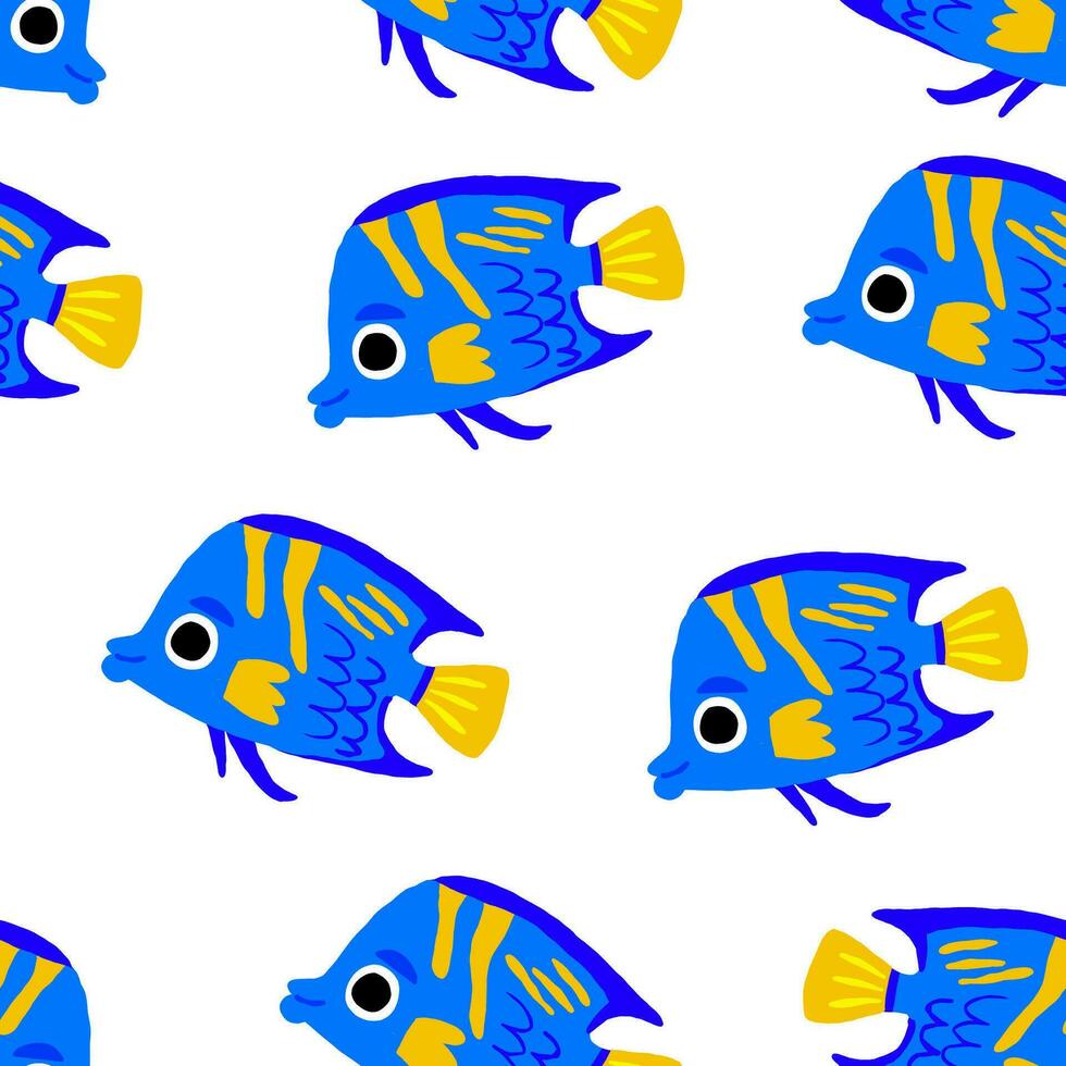 Cute sea fish. Blue tang or Regal tang seamless pattern on white. Background with blue tang, cute fish pattern for kids. Kawaii, vector. vector