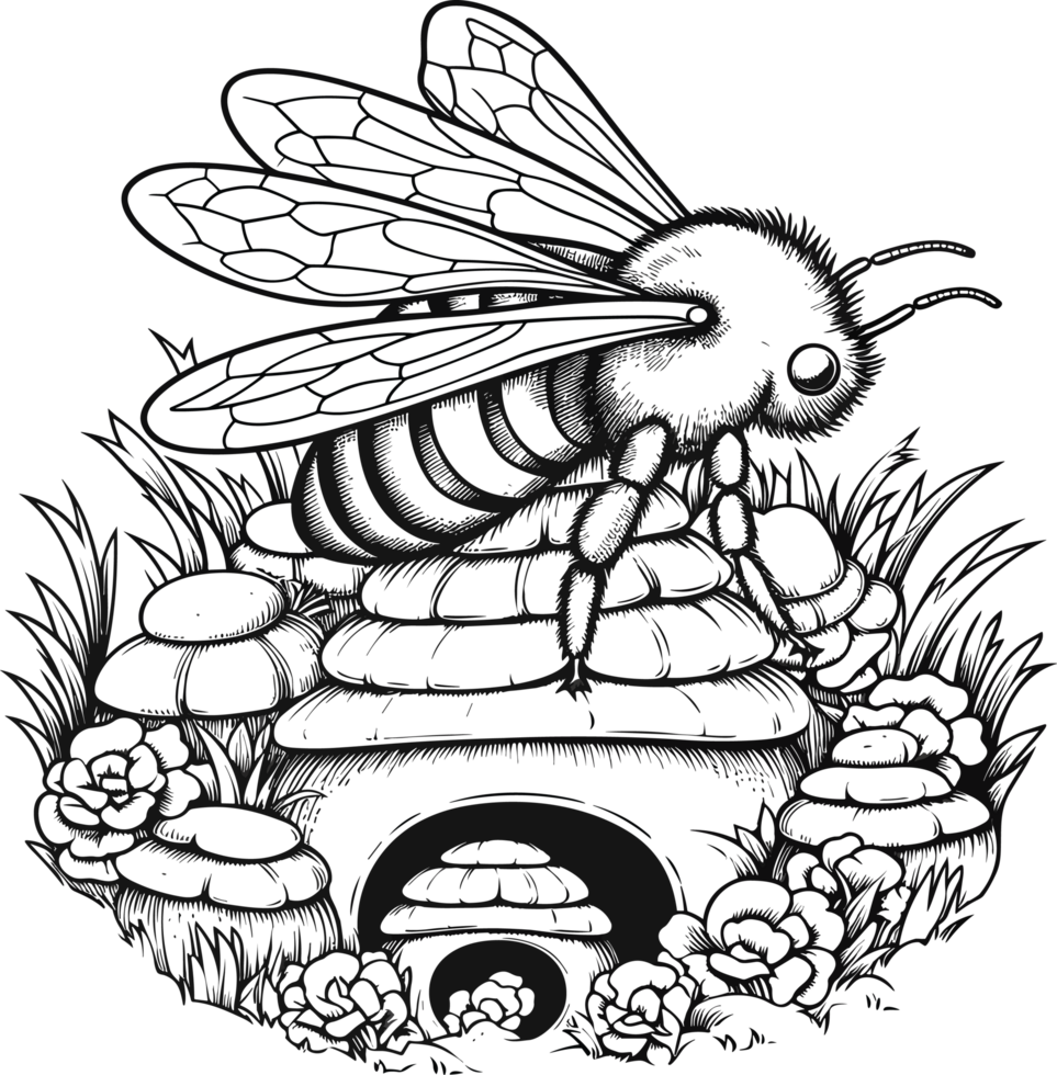 abeja decoración ilustración en negro y blanco ai generativo png