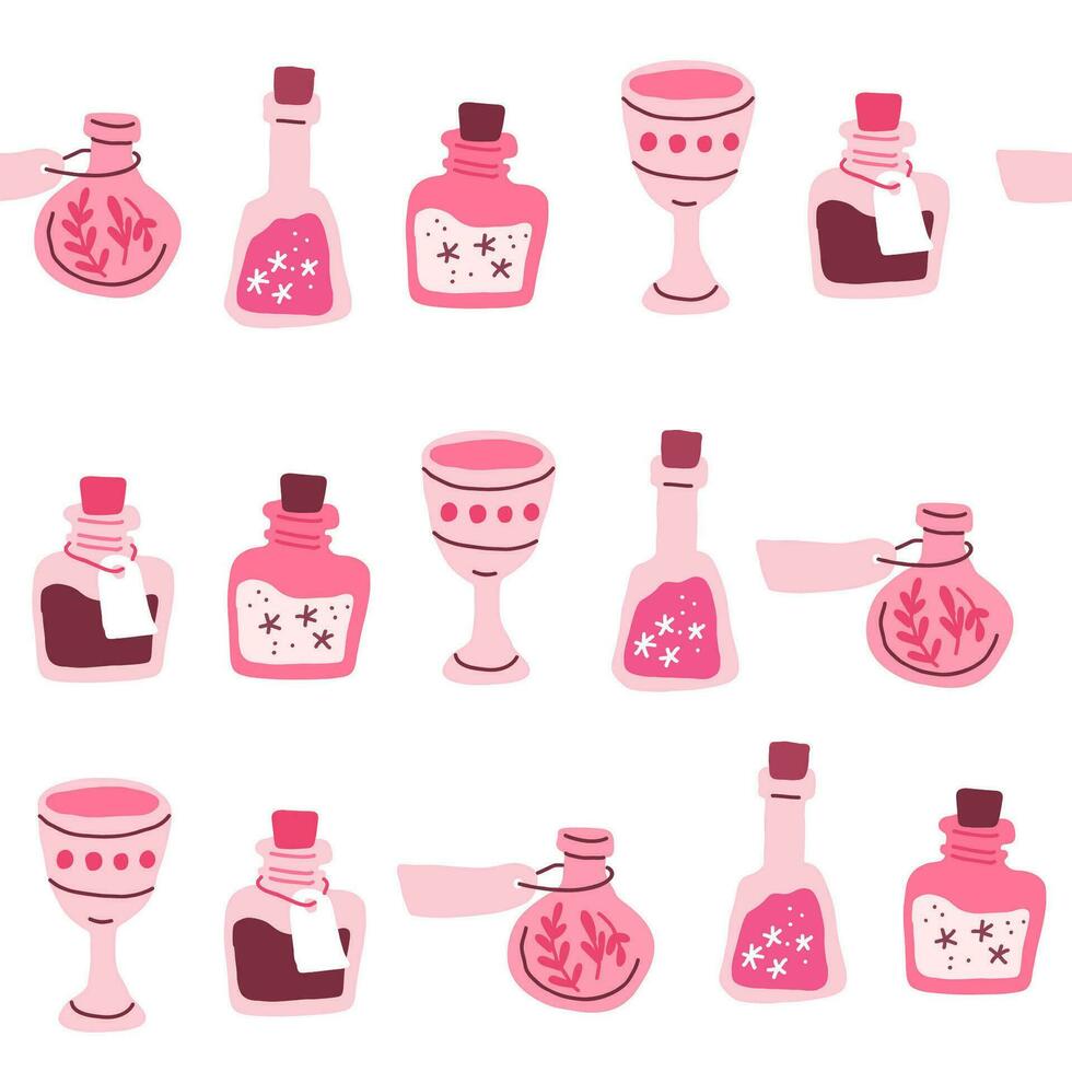 Pink Halloween pattern on white. Bottles with potion, magic drink. Valentines day pattern. vector