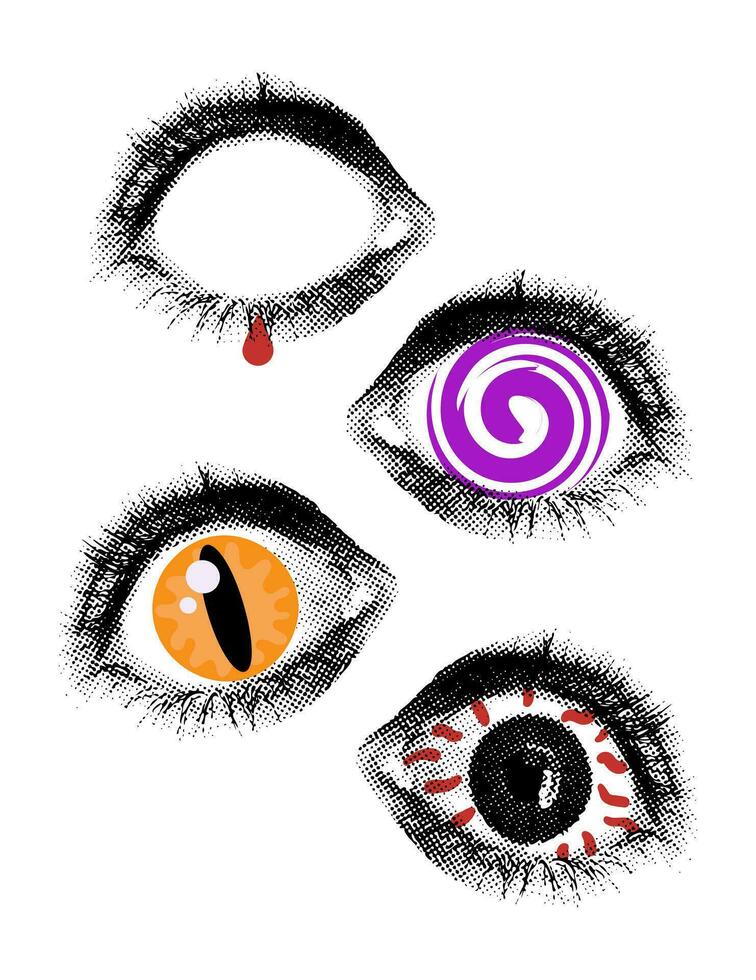 Halftone eyes collage set Halloween vector illustration