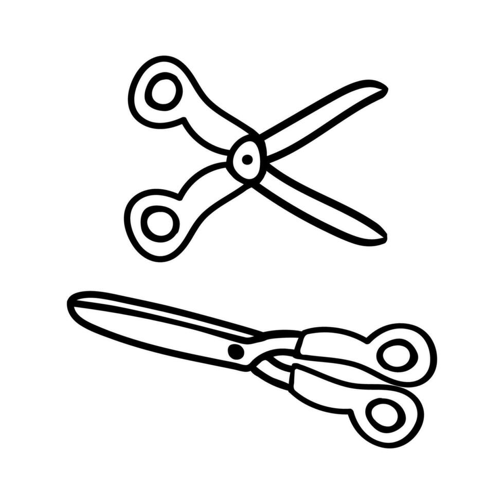 Hand drawn black and white scissors in doodle style. Vector illustration