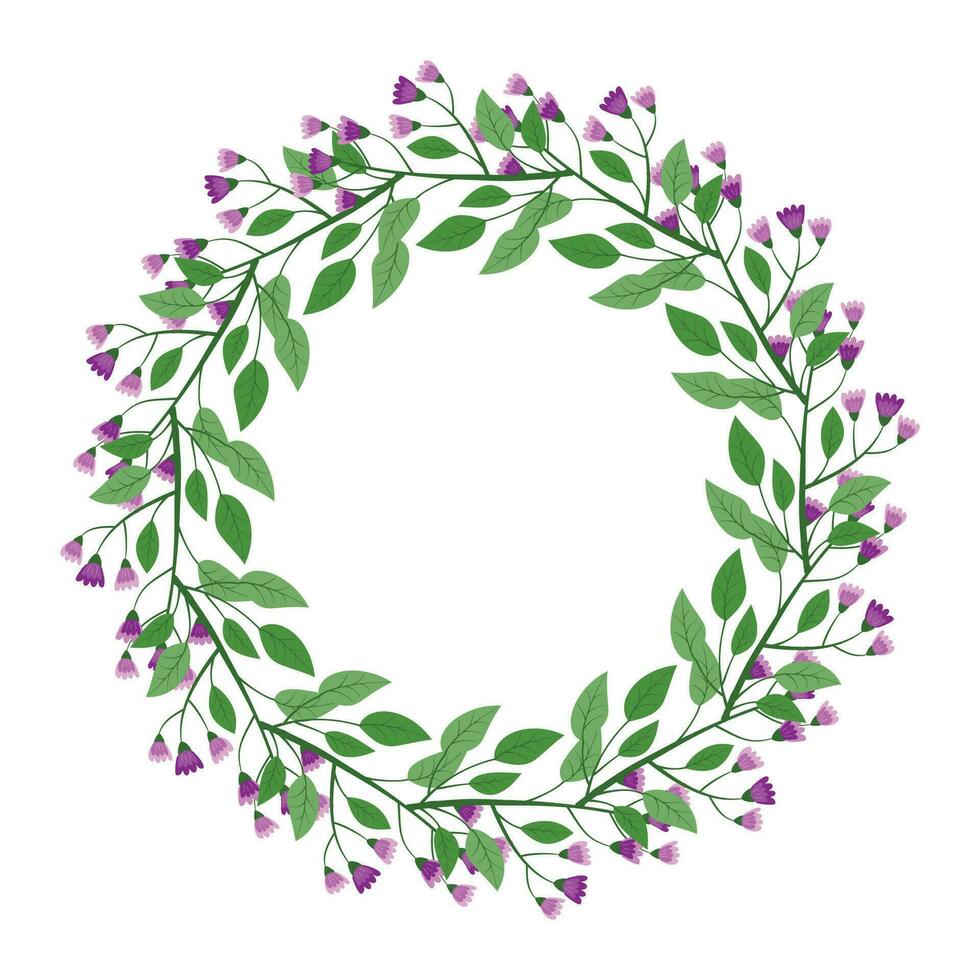 Cute hand drawn round frame with floral elements, herbs, leaves, flowers, twigs. Vector illustration for wedding design, logo and greeting card.