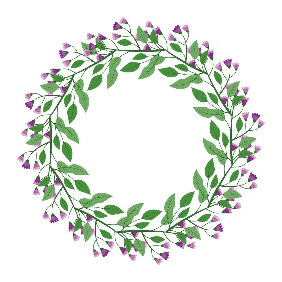 Cute hand drawn round frame with floral elements, herbs, leaves, flowers, twigs. Vector illustration for wedding design, logo and greeting card.