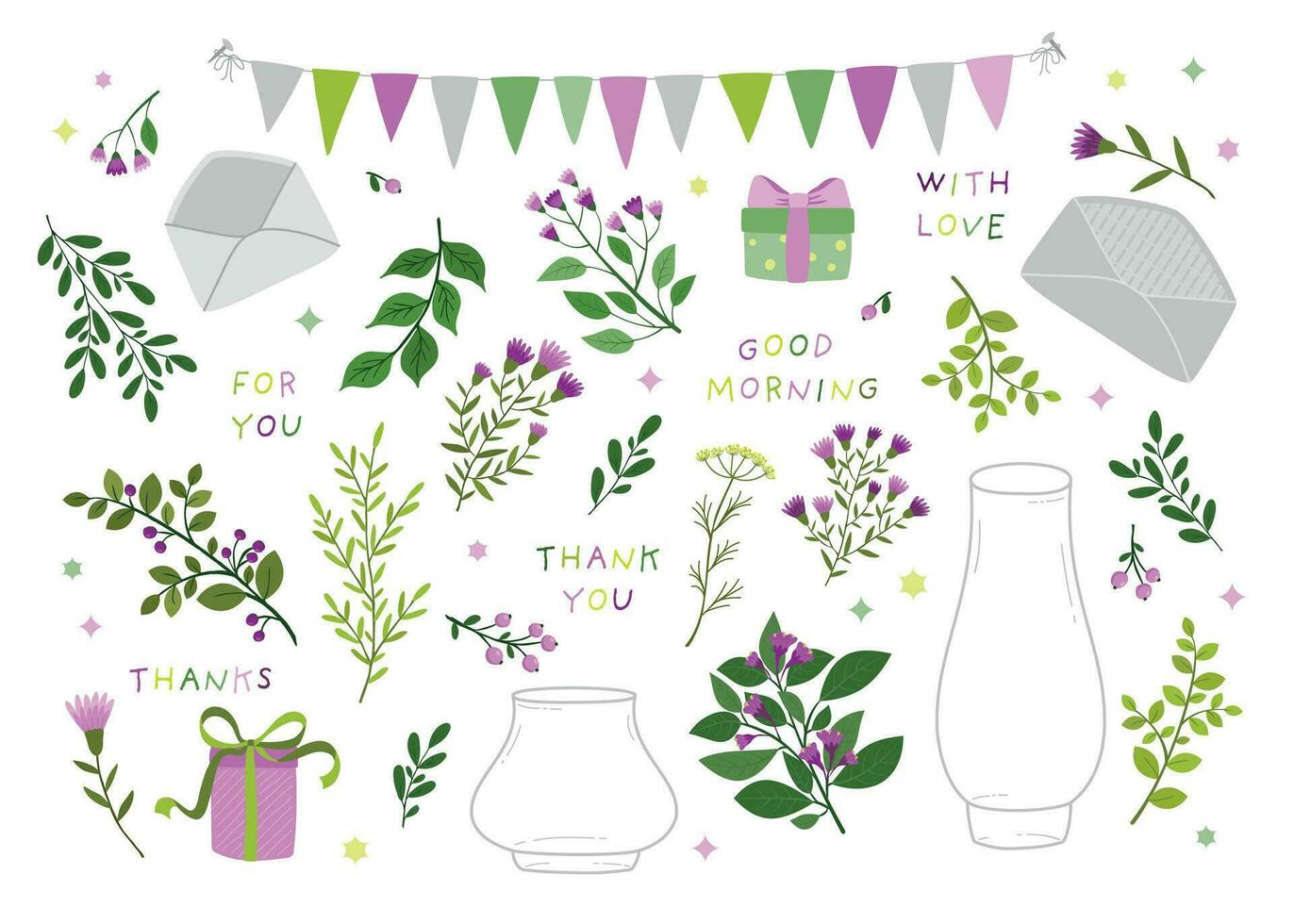 A hand-drawn set of twigs with berries and leaves. Vector botanical illustration with decorative elements and lettering