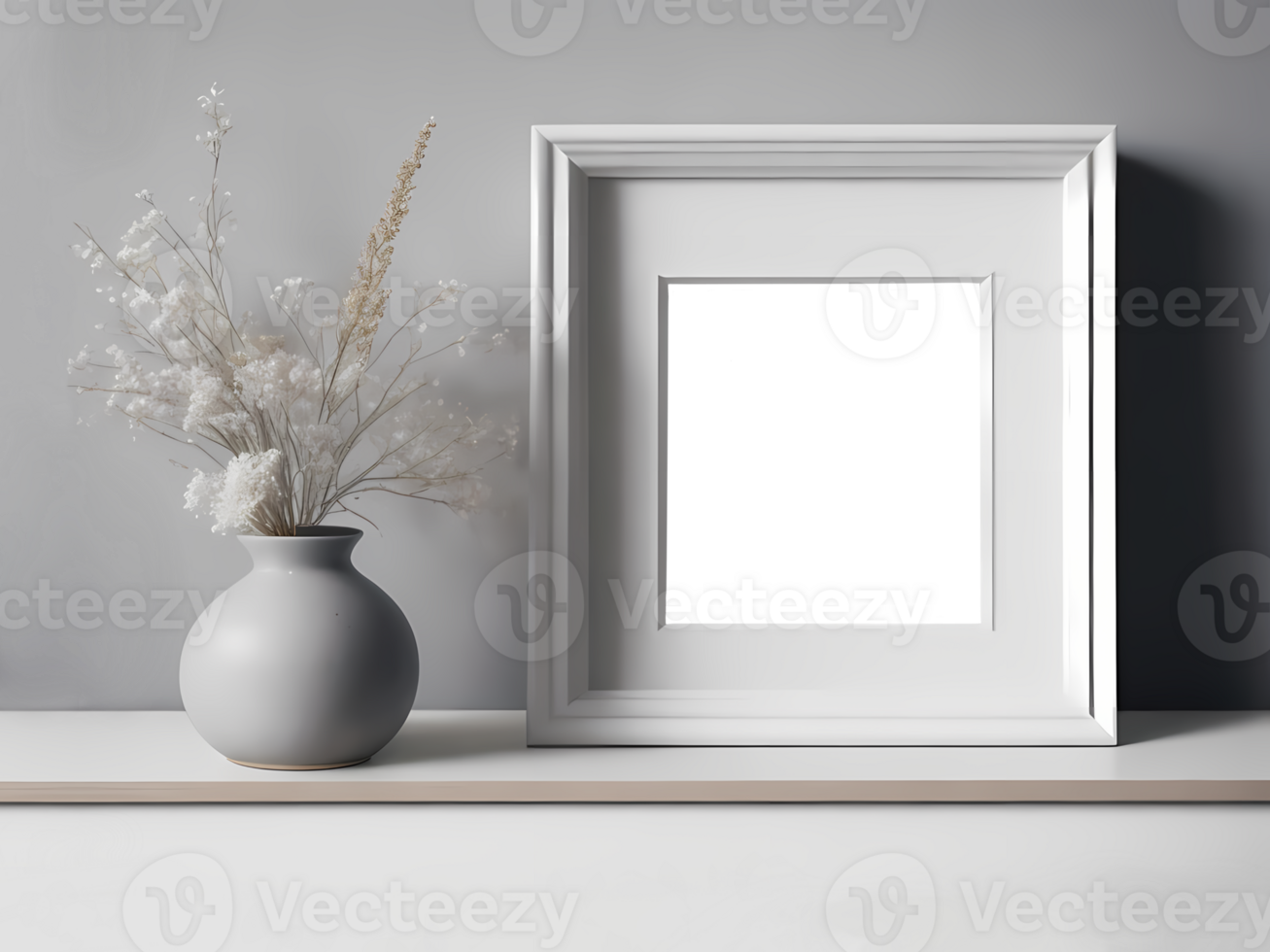 Portrait Square white picture frame mockup on vintage bench, table. Modern ceramic vase with dry Lagurus ovatus grass, Template for placing photos, paintings, drawings in the office. png