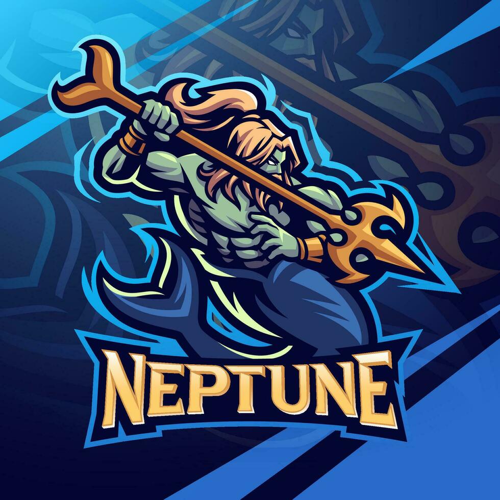 Neptuno Dios participación un tridente deporte mascota logo vector