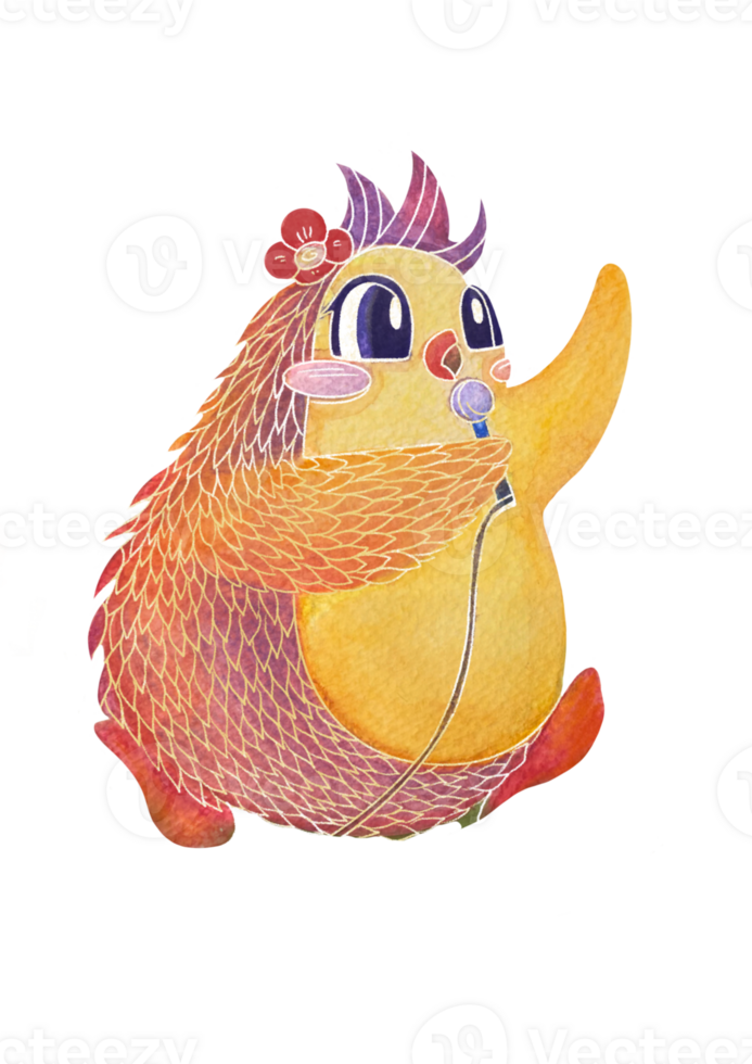 Watercolor cartoon bird on isolated transparent background. Happy joyful sings into microphone. postcard with children's musical character and clearing with flowers. song congratulations on holiday png