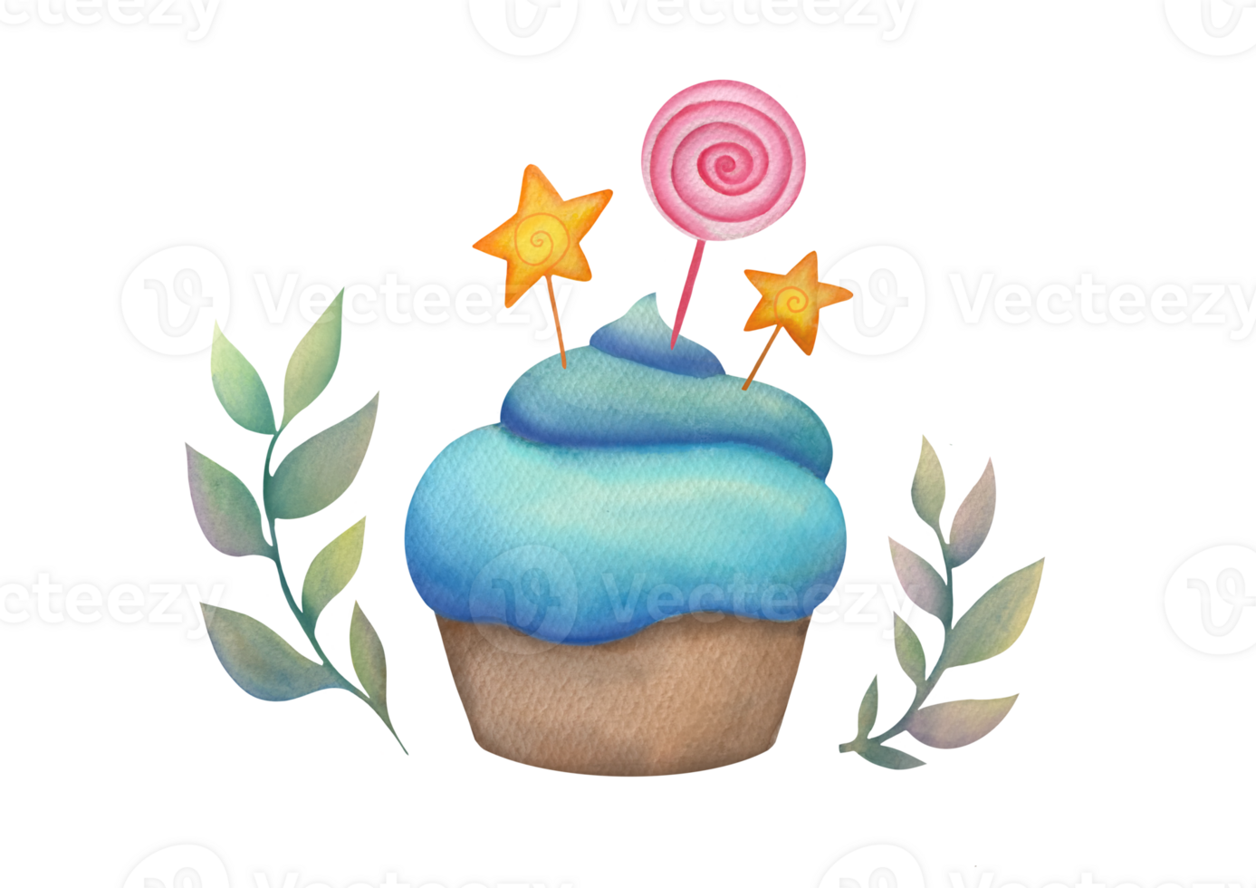 Hand drawn Watercolor delicious cupcake with blue cream topping, glaze, festive lollipop and stars isolated on transparent background. clip art for design of menu, cafe, advertisement png