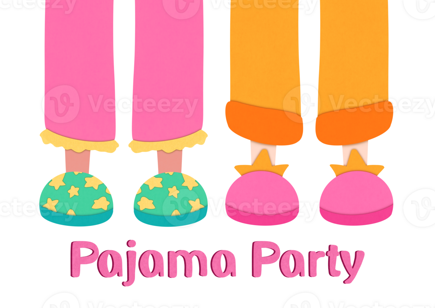 Legs in funny slippers and text Pajama Party on transparent background. slumber illustration flyer cut paper style for kids. invitation to birthday celebration in comfortable shoes. Good night png