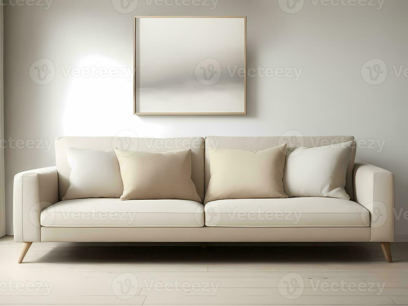 Picture frame mock up above light beige sofa. background concept for modern interior design for trendy cozy living room. modern abstract art in the interior of a house, apartment. Ai generated photo