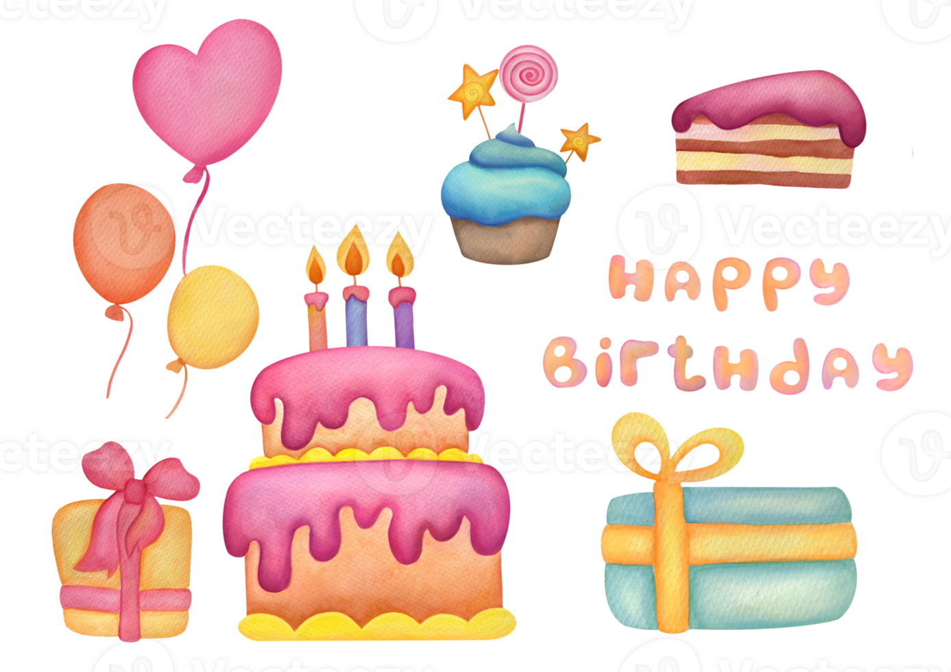 acuarela contento cumpleaños clipart colocar. mano dibujado linda bebé ducha tarjeta con pastel, magdalena, mollete, ramita con hojas y flores, regalo cajas con cintas y arcos aislado en transparente antecedentes png