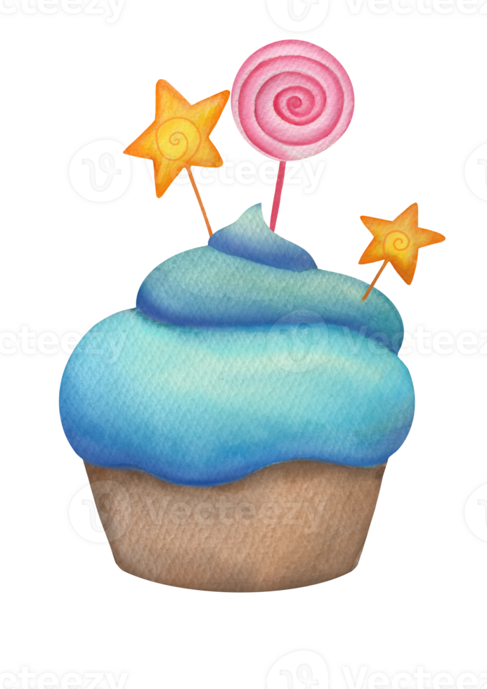 Hand drawn Watercolor delicious cupcake with blue cream topping, glaze, festive lollipop and stars isolated on transparent background. clip art for design of menu, cafe, advertisement png