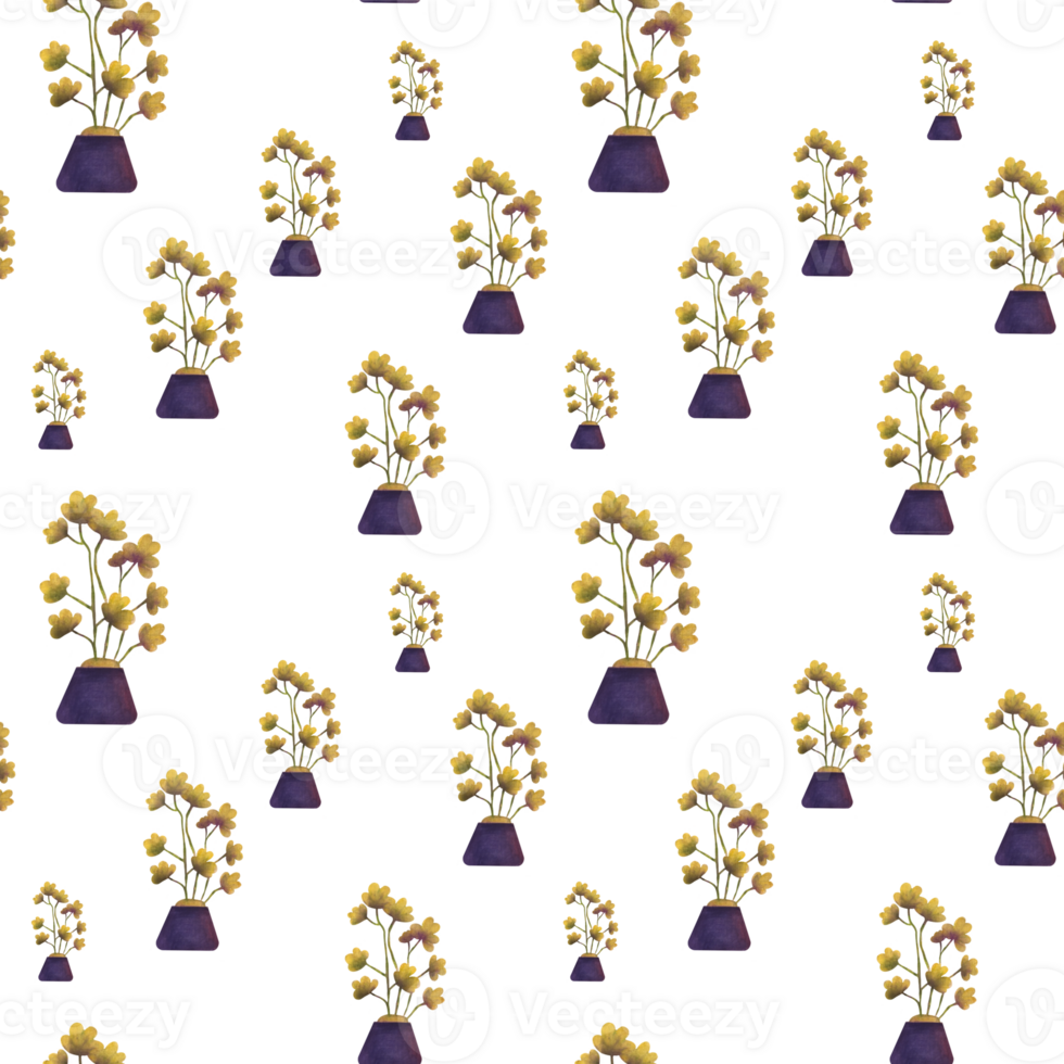 seamless pattern with watercolor house plants. clipart Flowers in a pot - stickers on a transparent background. Print for textiles, fabrics and packaging paper png