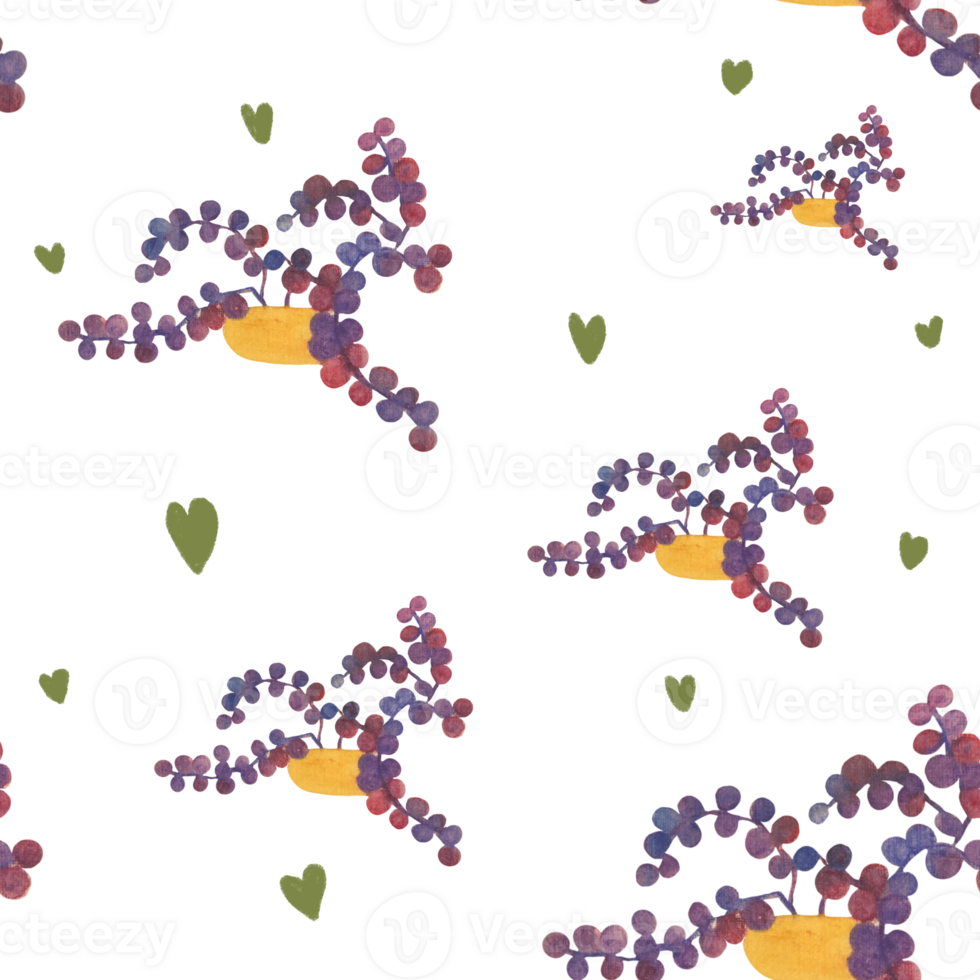 seamless pattern with watercolor house plants. clipart Flowers in a pot - stickers on a transparent background. Print for textiles, fabrics and packaging paper png