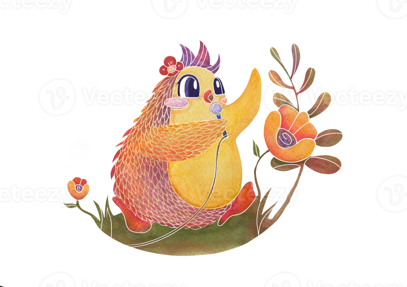Watercolor cartoon bird on isolated transparent background. Happy joyful sings into microphone. postcard with children's musical character and clearing with flowers. song congratulations on holiday png