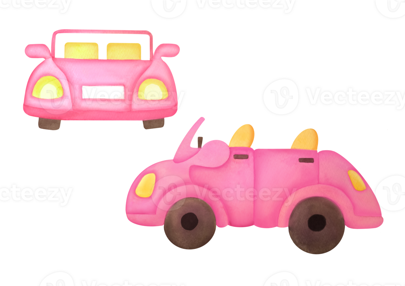 Hand painted set of pink car without roof. Watercolor illustration isolated on transparent background. clipart cartoon convertible for creative design, greeting card, banner, poster, scrapbooking png
