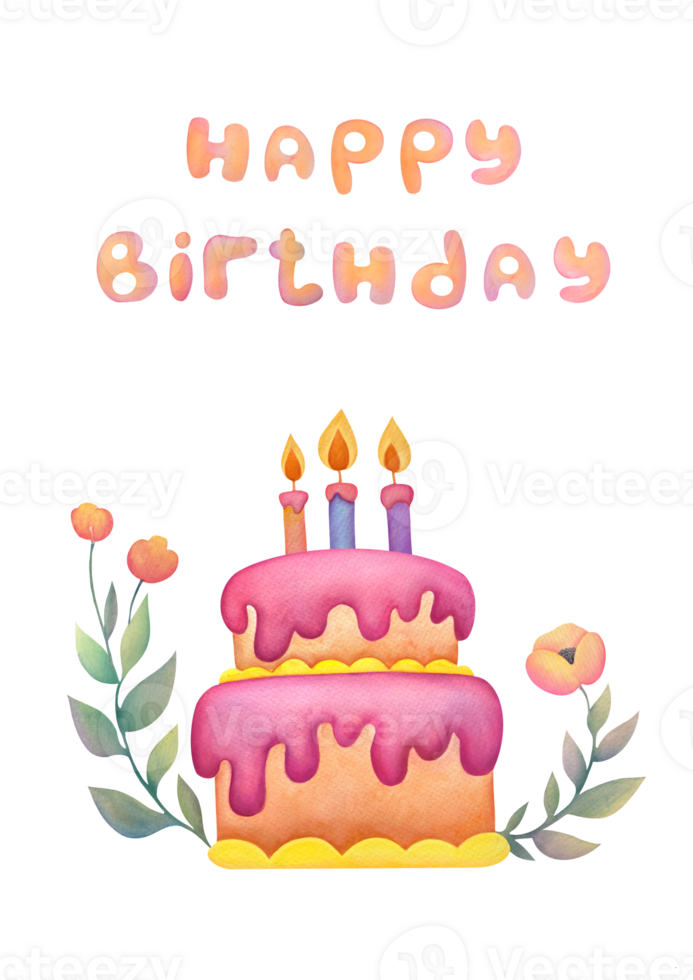 Cute colorful pastel cheerful birthday cake with candles, flowers roses, ranunculus, anemones, happy birthday text. watercolor hand painting illustration on transparent background for greeting card png