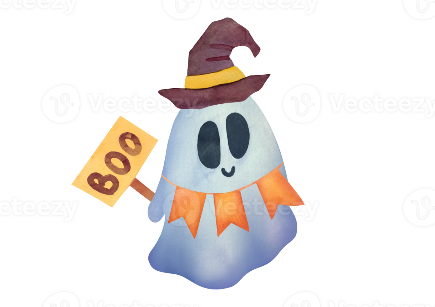 funny kind ghost in a witch's hat, in beads flags holding frightening sign BOO. clipart Watercolor childish illustration on transparent background for November Halloween cards, stickers, invitations png