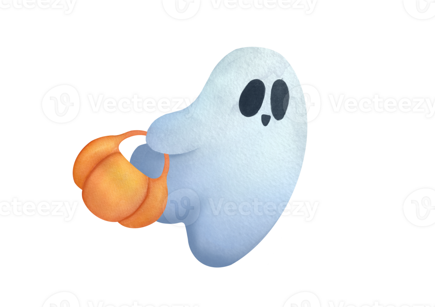 fanny cute Ghost clipart on transparent background. Childish Watercolor hand drawn illustration for holiday cards, Watercolor ghost with pumpkin shaped bag. happy Halloween party png