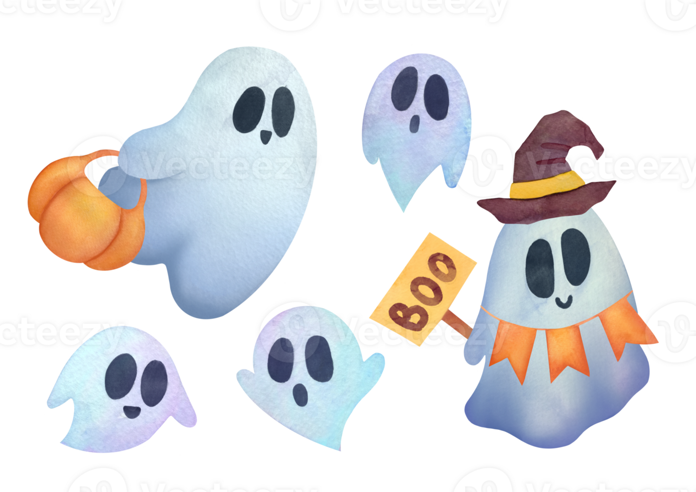 set of cute Ghost clipart on transparent background. Childish Watercolor hand drawn illustration for holiday cards, invitations to happy Halloween party. ghost with hat, pumpkin, frightening sign png