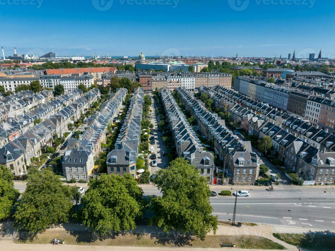 Aerial view of the rooftops of Kartoffelraekkerne neighborhood, in Oesterbro, Copenhagen, Denmark. photo