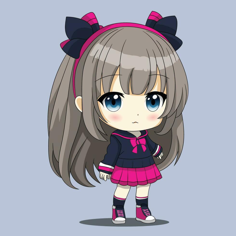 Cute chibi anime girl with long hair and pink dress vector