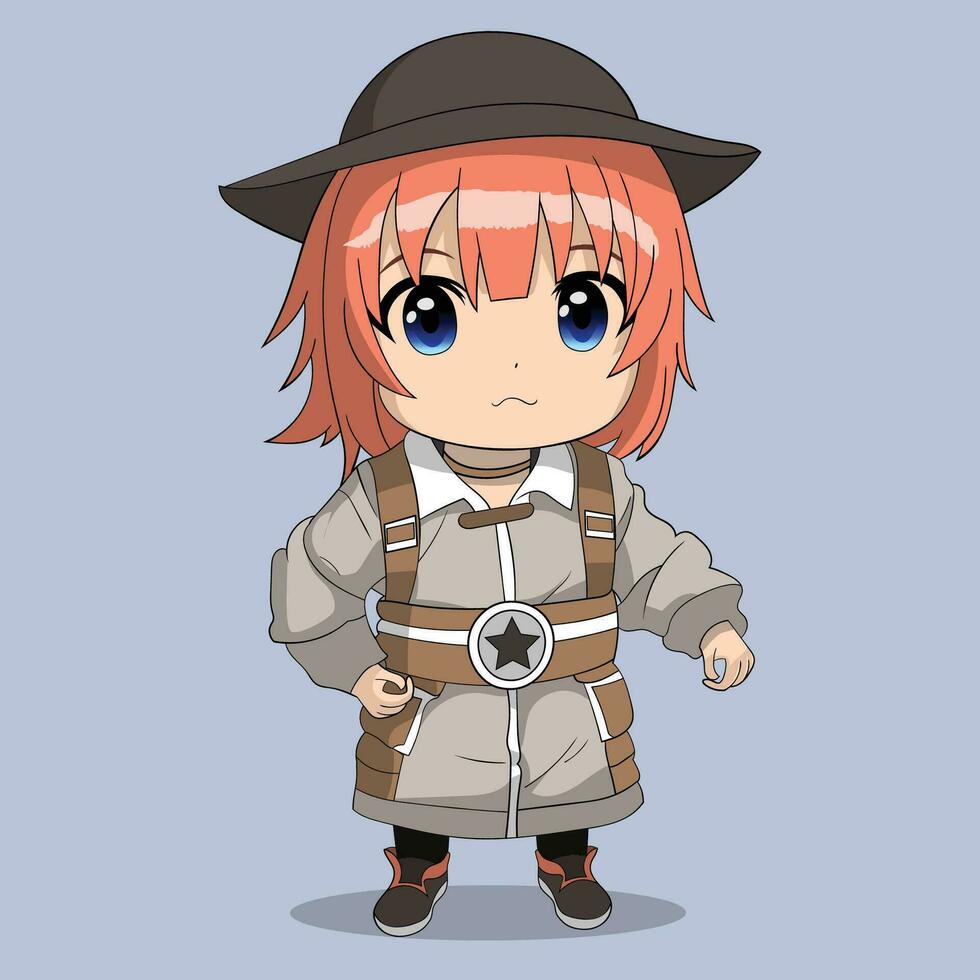 kawaii chibi anime chico caracteres. anime dibujos animados con rojo pelo y sombrero vector