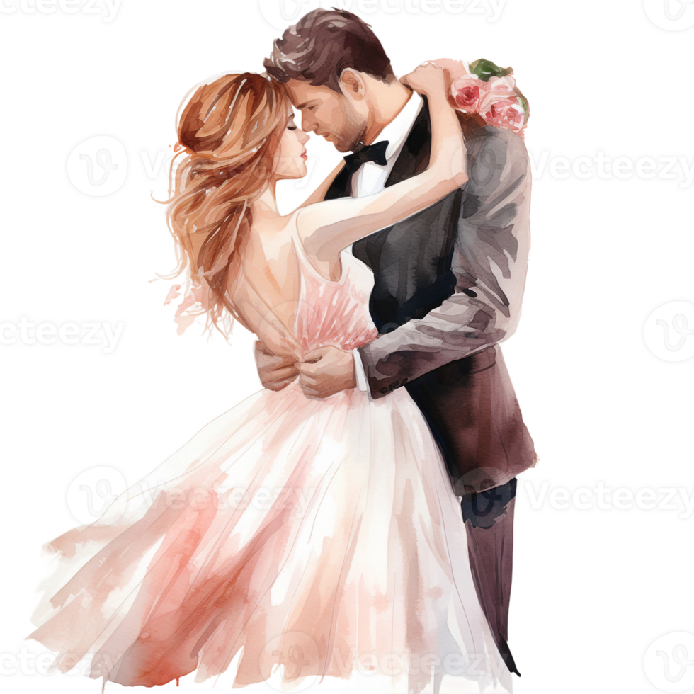 Modern bride and groom holding each other and kissing, wedding watercolor clipart, romantic mood AI Generated png