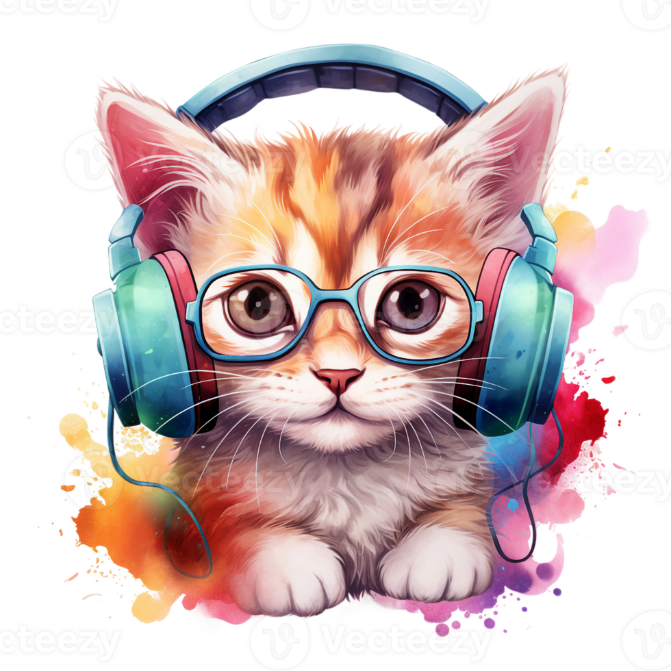 un linda gato vistiendo azul auricular y gafas de sol disfrutando música, acuarela ilustración ai generado png