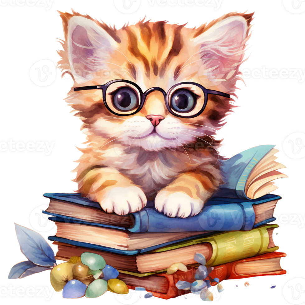 a cute cat with books, watercolor illustration clipart AI Generated png