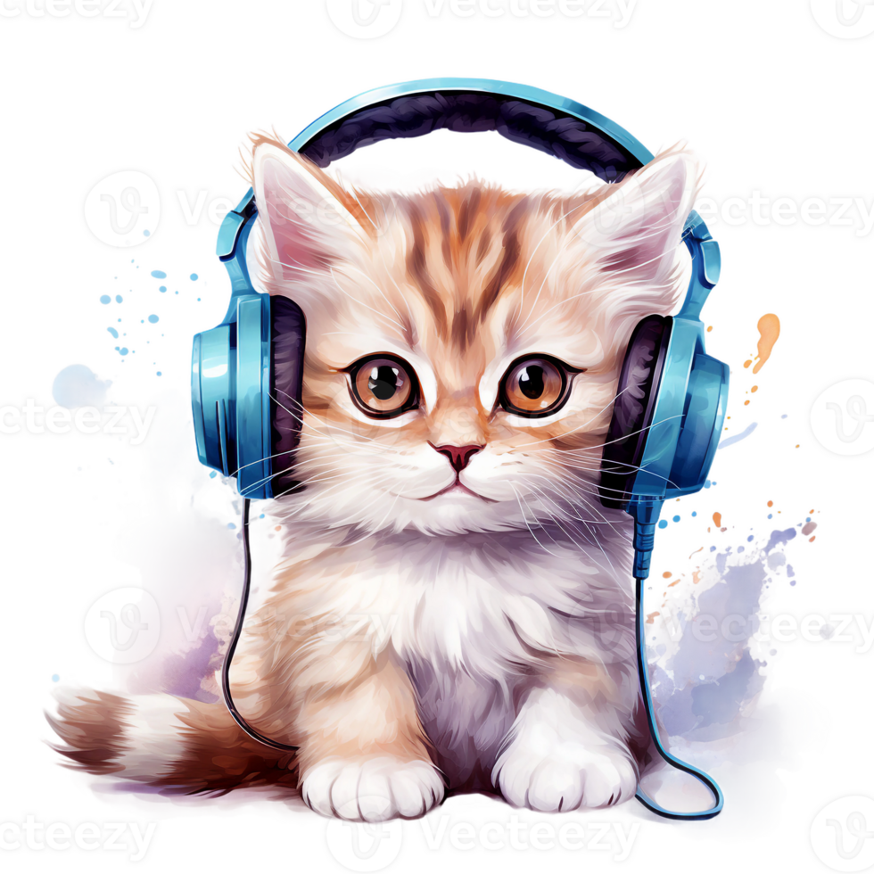 A cute cat listening music with blue headphone, watercolor illustration AI Generated png