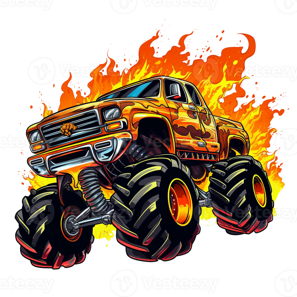 a yellow monster truck with red yellow burning fire effect in the background, watercolor clipart, AI Generated png