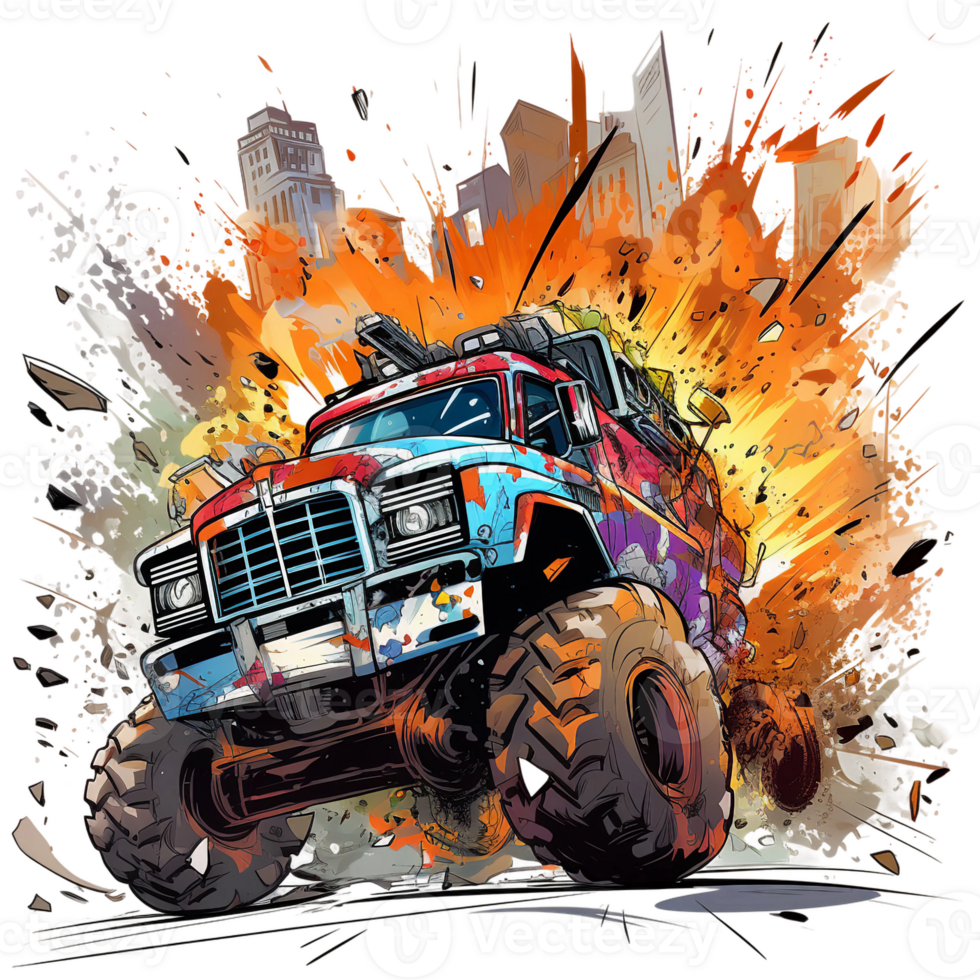 Off-road monster truck with fire and dust in the backdrop watercolor clipart, AI Generated png
