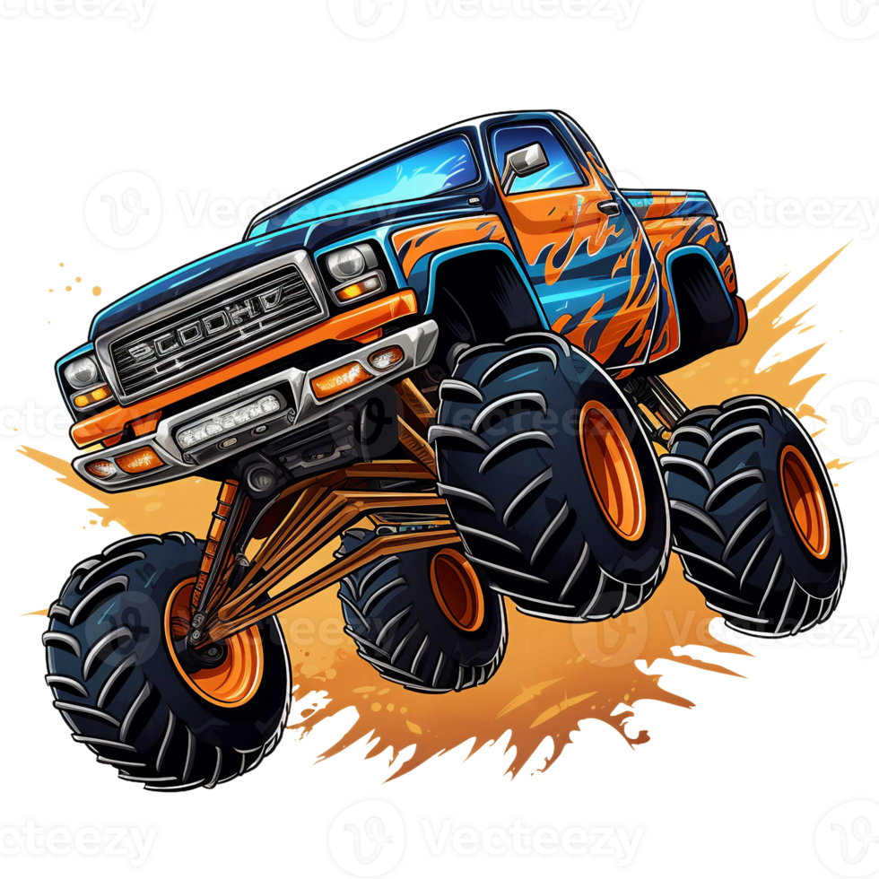 illustration of a monster truck jumping watercolor, yellow backdrop color splash, AI Generated png