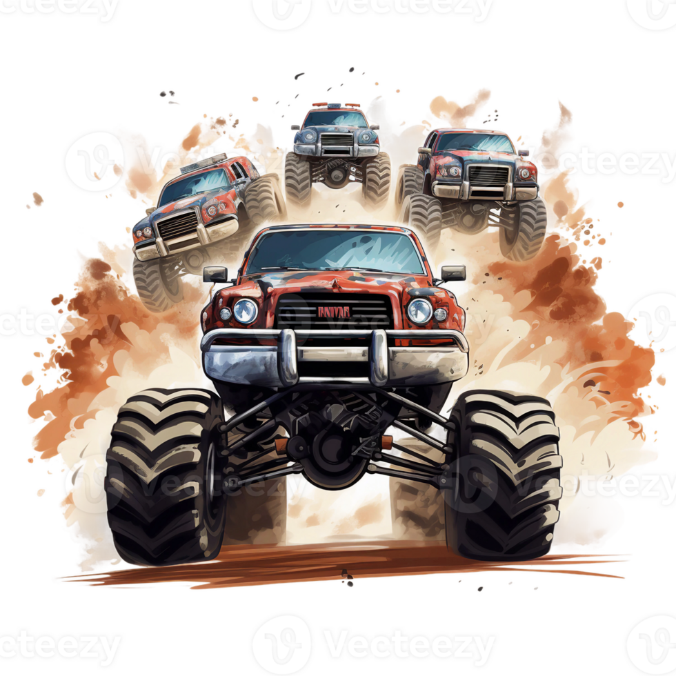 a monster truck clipart, cinematic action style, flying multiple truck with crash in the dust, watercolor clipart AI Generated png