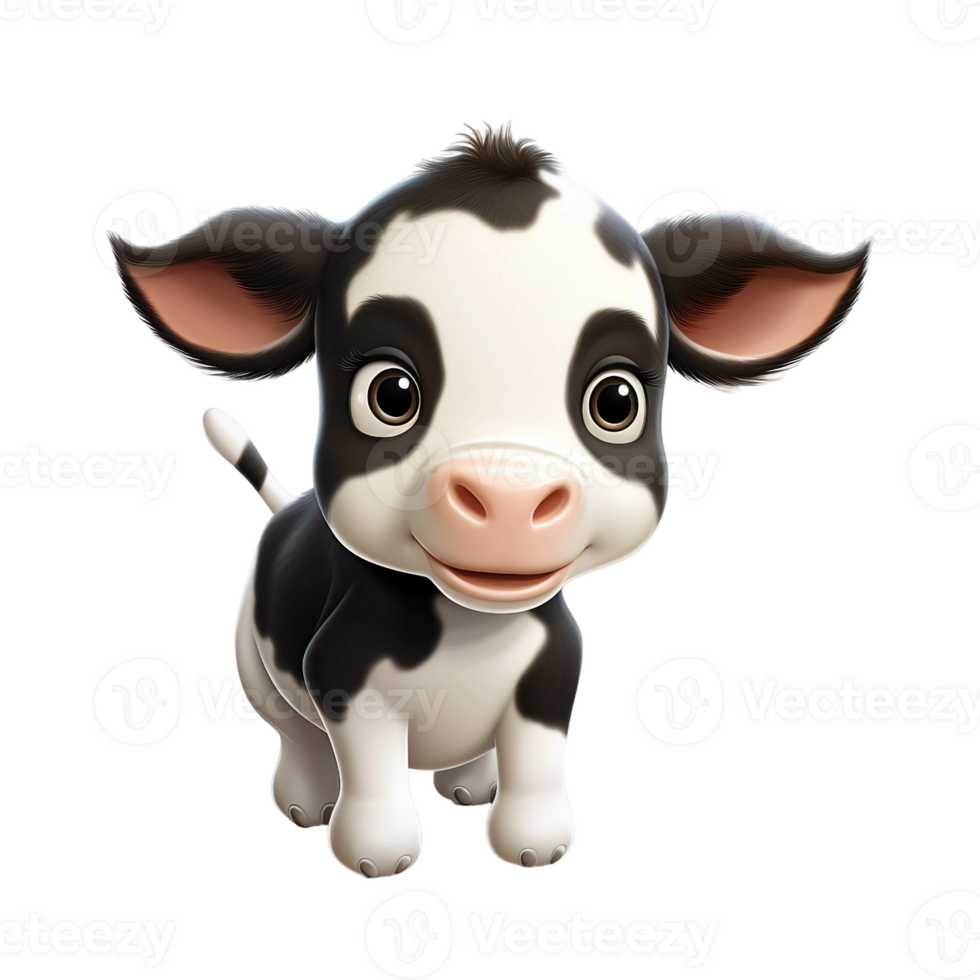 Cute baby cartoon cow big black eye jolly expresssion, front facing camera view, farm animal watercolor clipart, AI Generated png