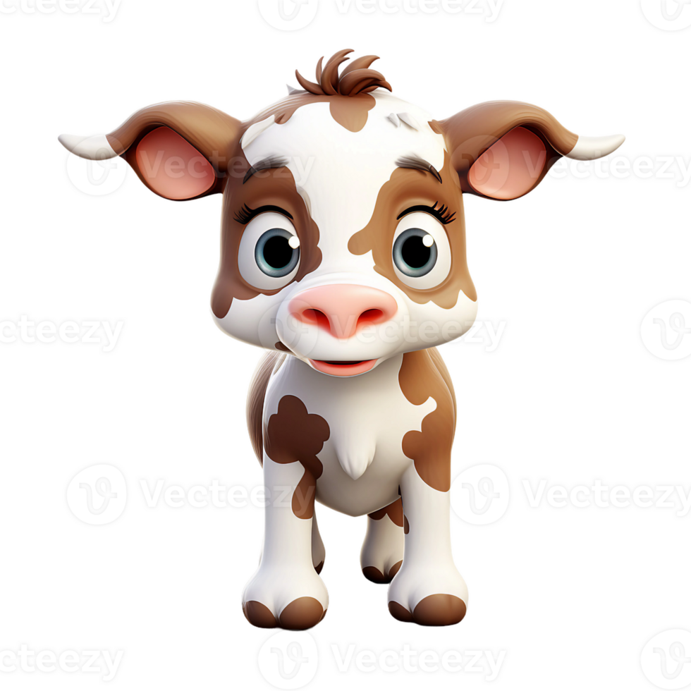 Cute baby cartoon cow big black eye front facing camera view, farm animal watercolor clipart, AI Generated png