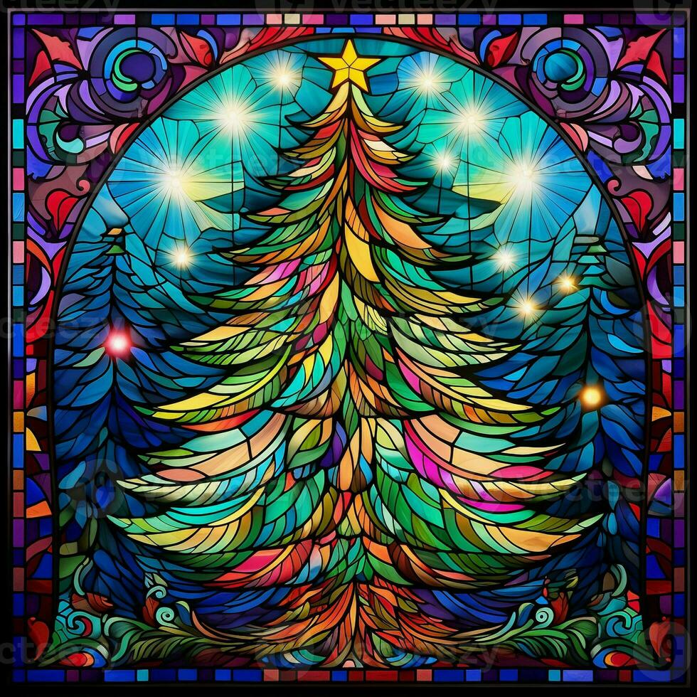Stained glass  window Christmas tree, colorful, blue, light, intricate pattern AI GENERATED photo