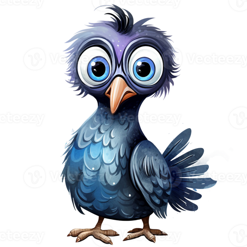 Guinea fowl cartoon blue bird  with big eyes, baby bird, watercolor clipart AI Generated png