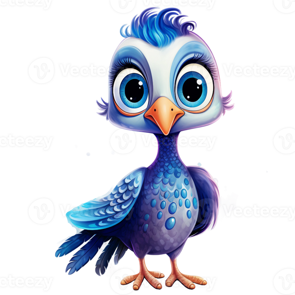 bebê Guiné galinha desenho animado azul pássaro com grande olhos olhando curioso, aguarela clipart ai gerado png