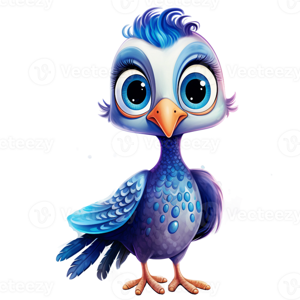 Baby Guinea fowl cartoon blue bird  with big eyes looking curious, watercolor clipart AI Generated png