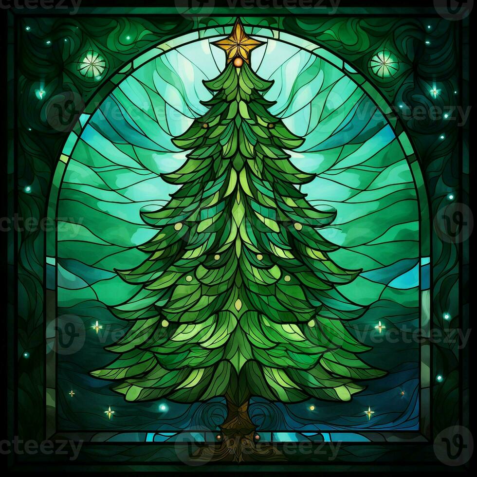 Stained glass window arc shape Christmas tree, green vibes, bright  AI GENERATED photo