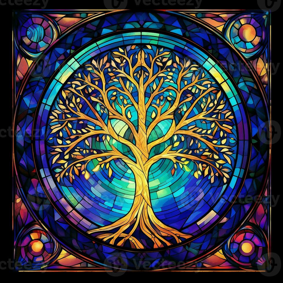 stained glass tree with round frame intricate  blue and purple glass patterned frame AI GENERATED photo