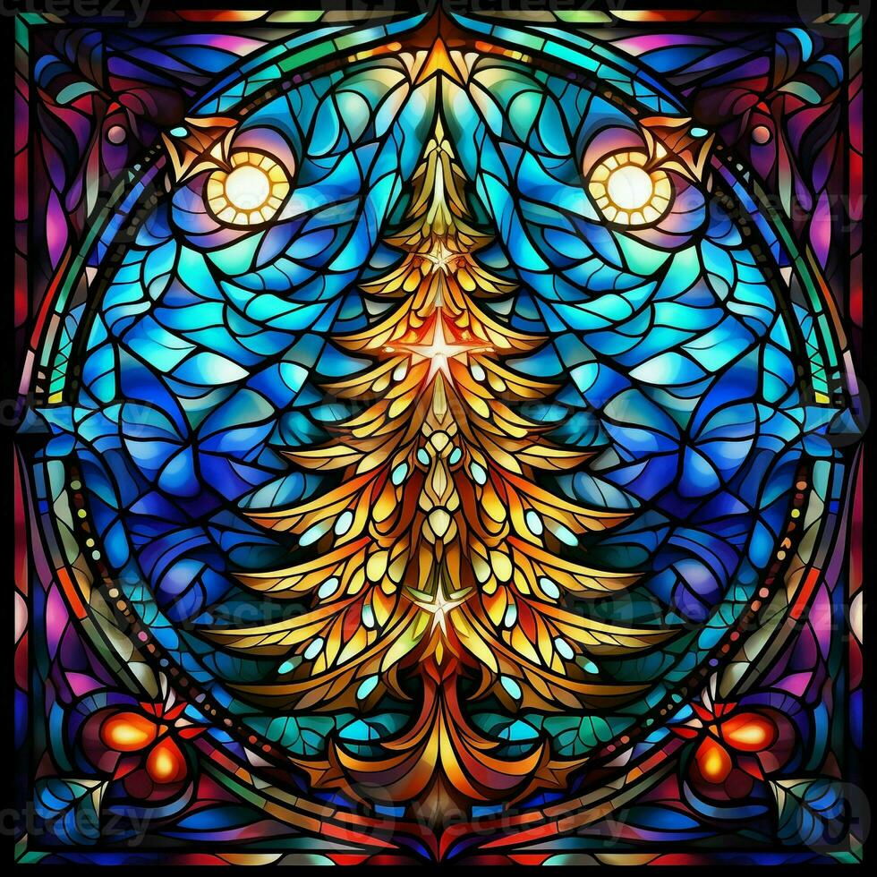 Stained glass Christmas tree, light blue glass, round AI GENERATED photo