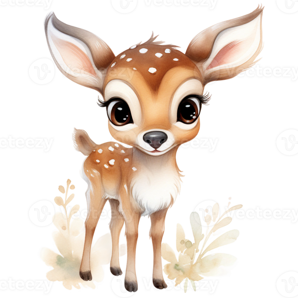 Cute adorable baby deer cartoon with big eyes, watercolor farm animal clipart AI Generated png