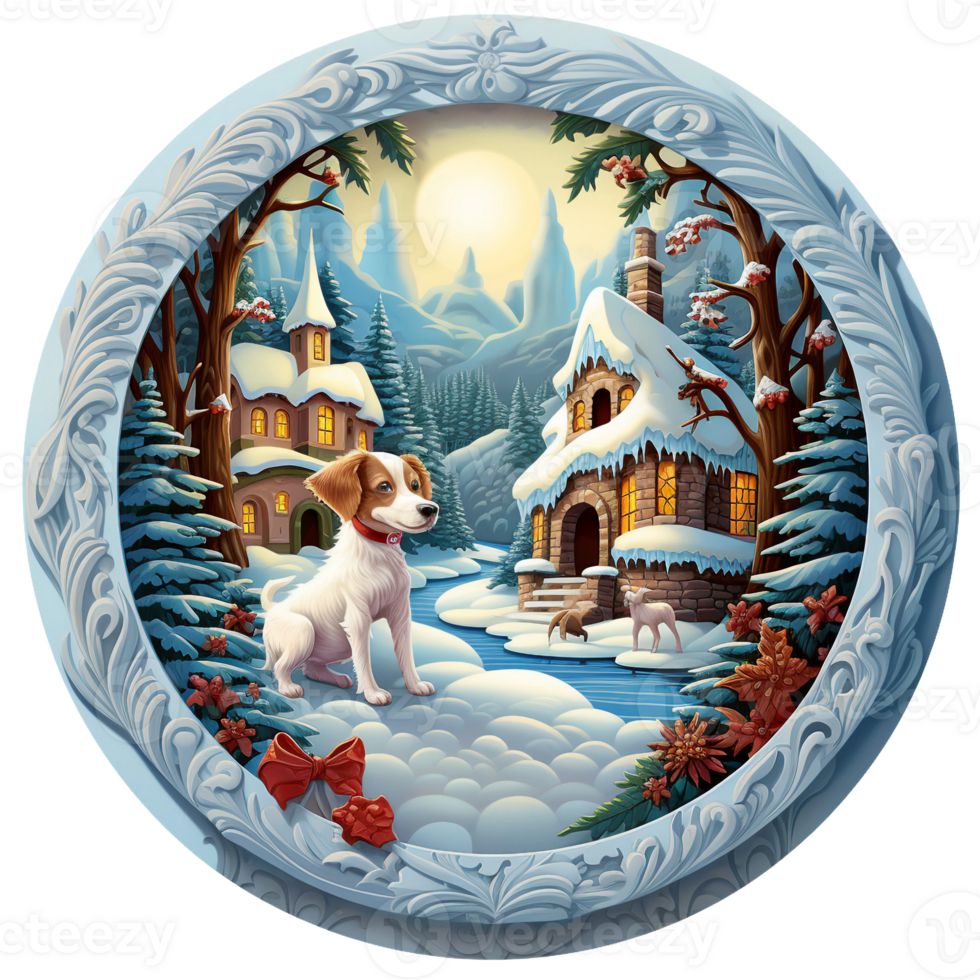 3d christmas winter round sign sublimation, dog christmas decoration with snow covered round frame AI Generated png