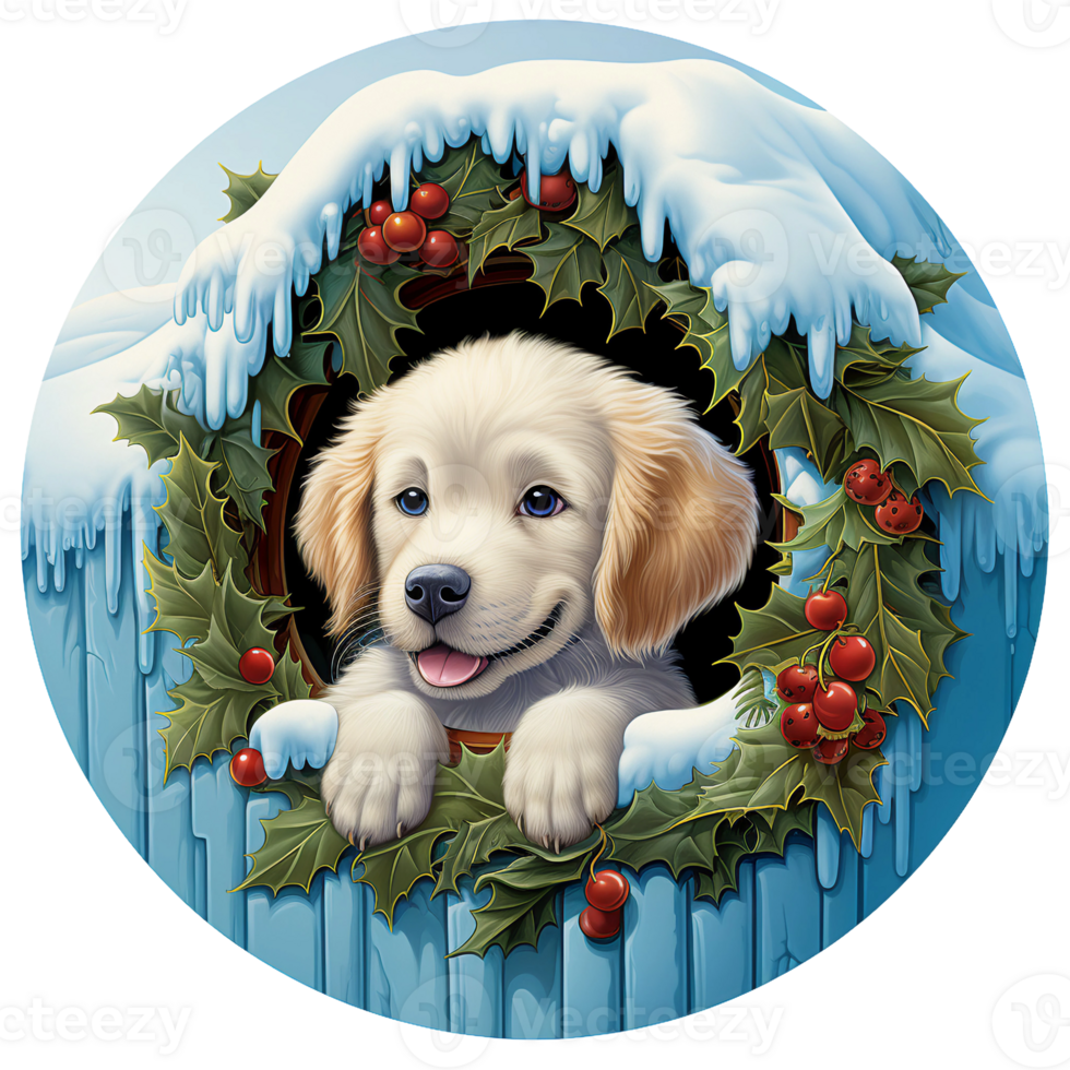 3d christmas winter round sign sublimation, dog looking from holy leaf wreath with snow layered scene AI Generated png